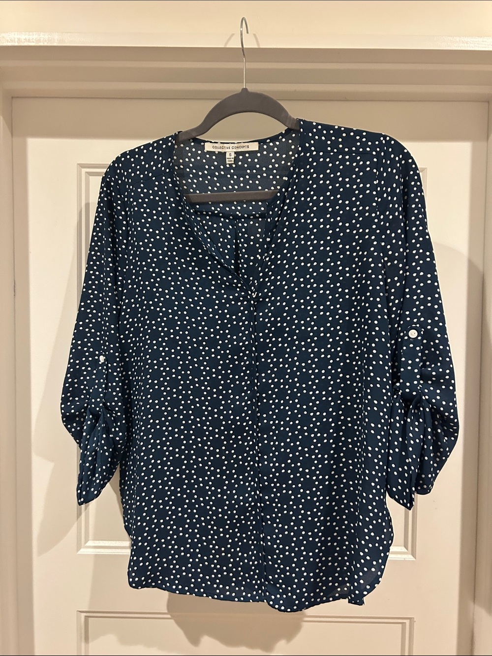 Collective Concepts Navy White Polka Dot V-Neck Blouse